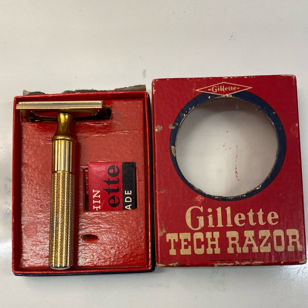 Vintage 3 piece Gold Gillette Fat Handle Tech and original Box - Picture 3 of 13